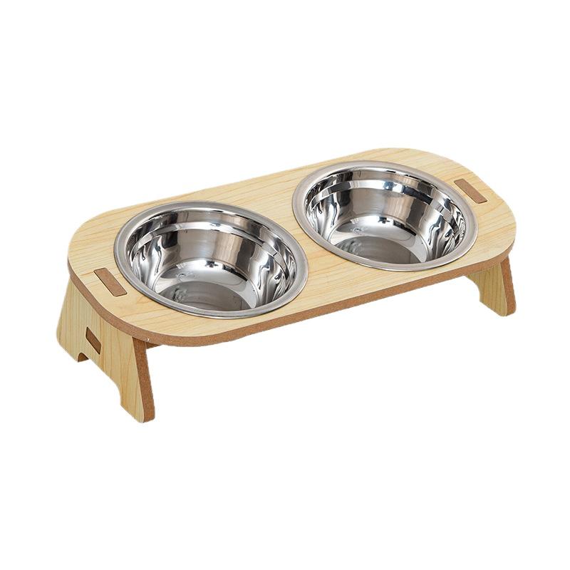 Cat And Dog Feeding Bowls Anti-tip Bowls Stainless Steel Pet Bowls With Wooden Supports Neck Protection Design 2 In 1 Water Bowl