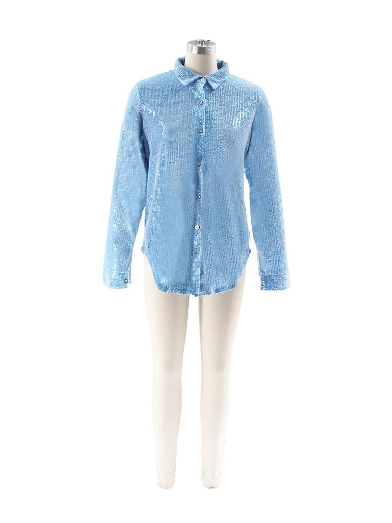 Autumn/Winter Versatile Suede Lapel Shirt with Sequins and Beads