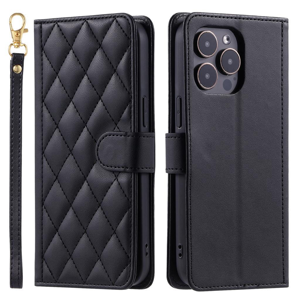 For iPhone 14 Pro Max Leather Phone Case with Wallet Rhombus Grid Pattern