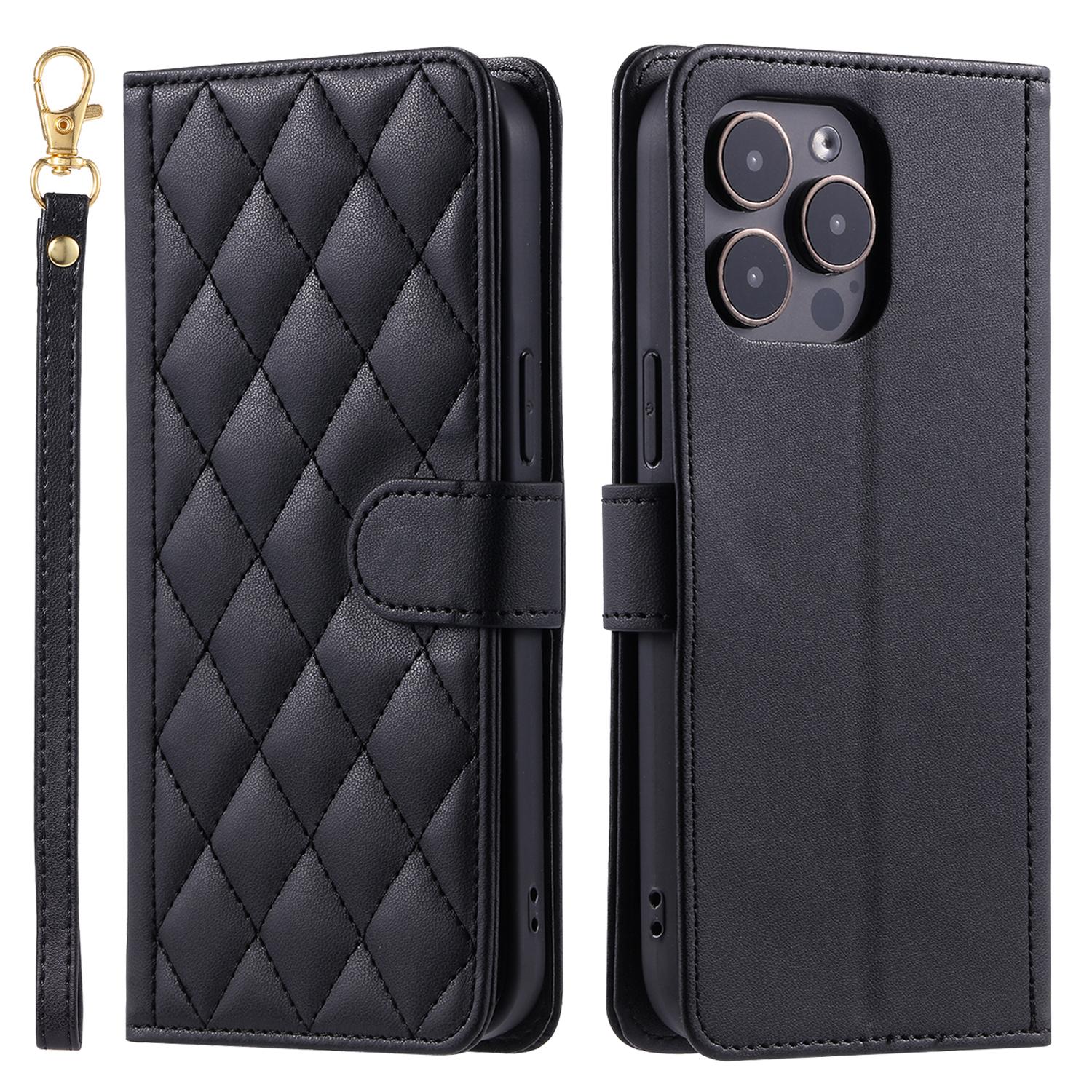 For iPhone 15 Pro Max Leather Case Stitching Rhombus Grid Stand Wallet Cover A