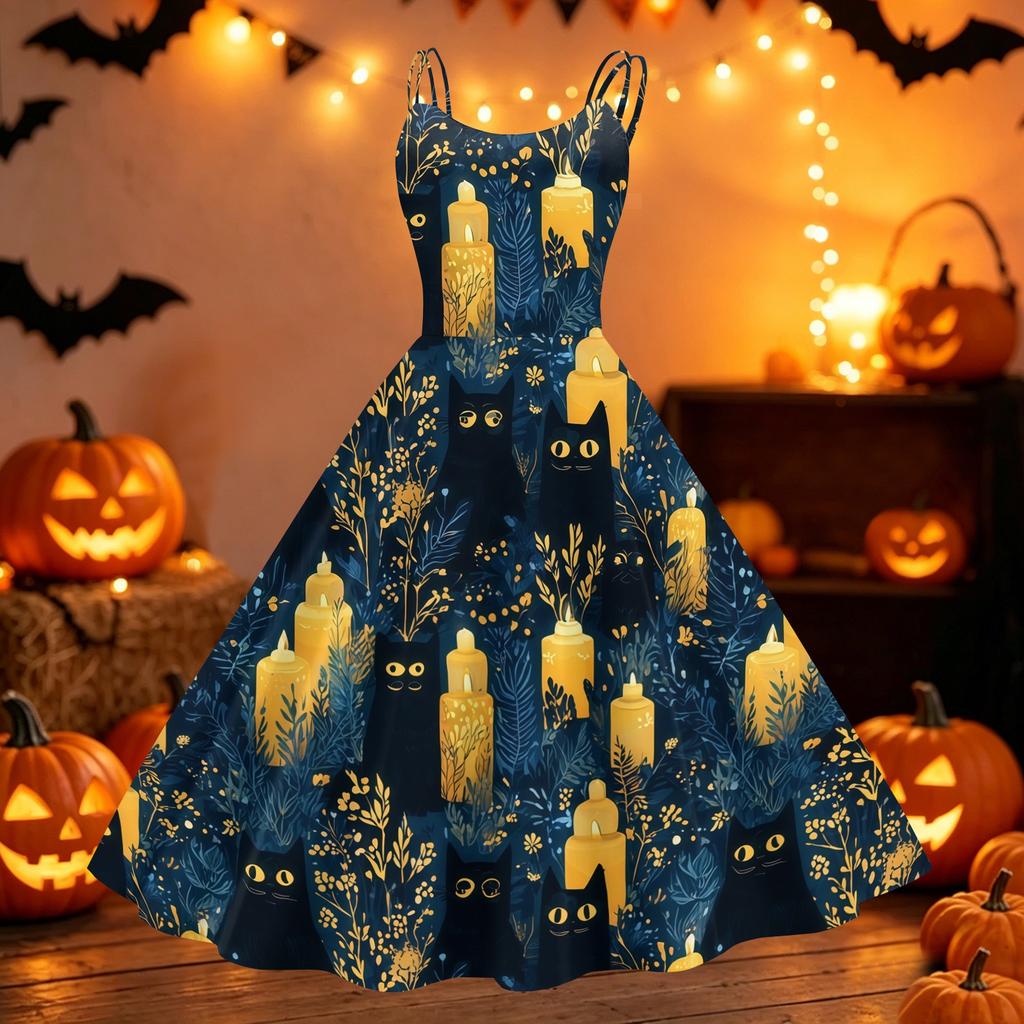 Women's Vintage Punk Off Shoulder Dress Halloween Print Sleeveless Spaghetti Strap Swing Dress Retro Gothic Style Dress