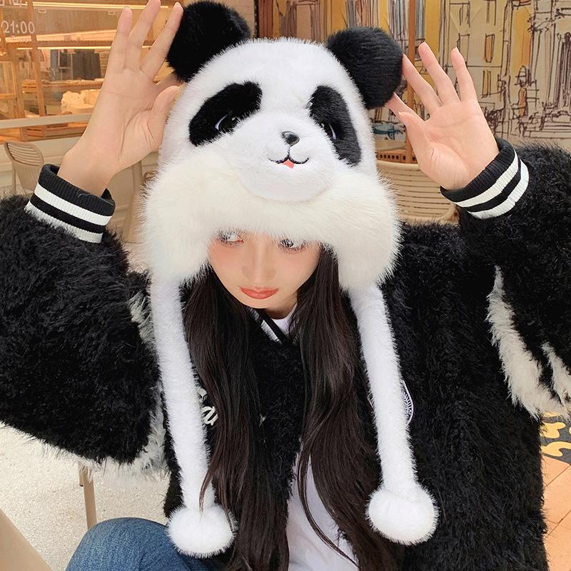 Winter Panda Plush Hat Furry Warm Windproof Cute Plush Hat Ear Protector New Panda Lei Feng Hat