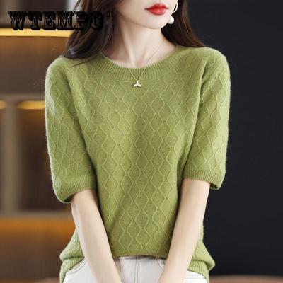 Winter Knitted Short Sleeve T-shirt Women's Loose Bottom Shirt Mid Sleeve Top