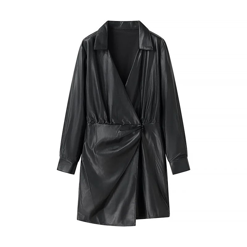 

Za Autumn and Winter New Women clothes French style Lapel Long sleeve Pu Imitation Leather Pleat Decoration Wrap Waist Hugging Short Dress Black L