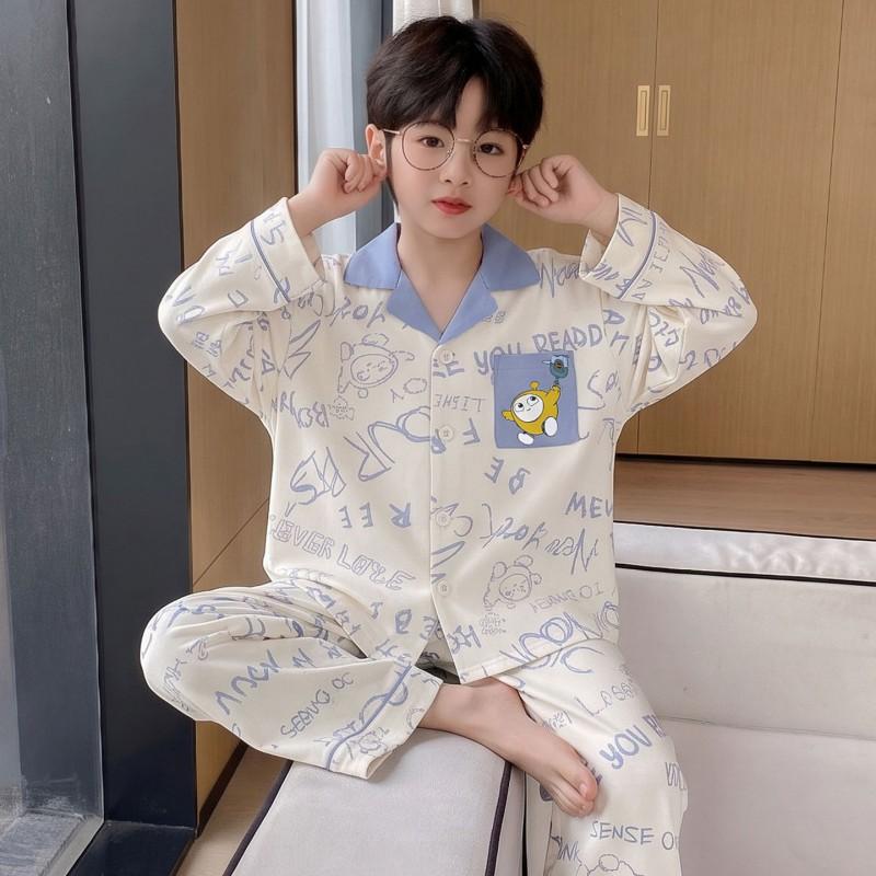 Boys Long Sleeve Cotton Pajamas Set Cartoon Print Soft Sleepwear Kids Teens Home Wear