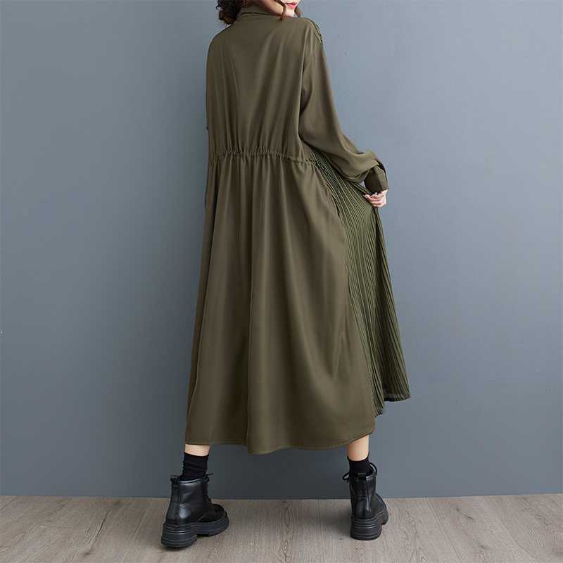 Women's Long Sleeve Shirt Dress Turn Down Collar Loose Fit Retro Style Midi Dress Button Down Dress