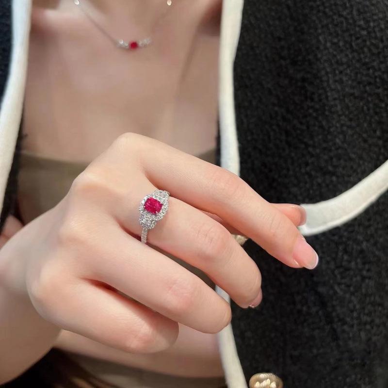 Korean Elegant Ruby Jewelry Set: Necklace, Earrings & Ring for Women