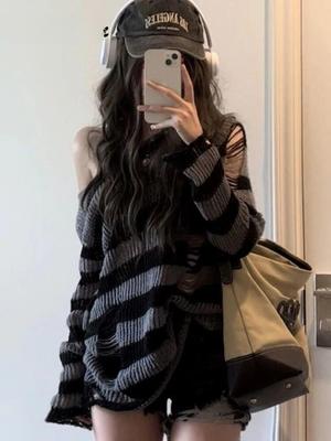 FiveFive Deeptown Gothic Streetwear Gestreifter Strickpullover Damen Harajuku Punk Lochmuster Jumper Loch Locker Allround-Oberteile Grunge E-girl