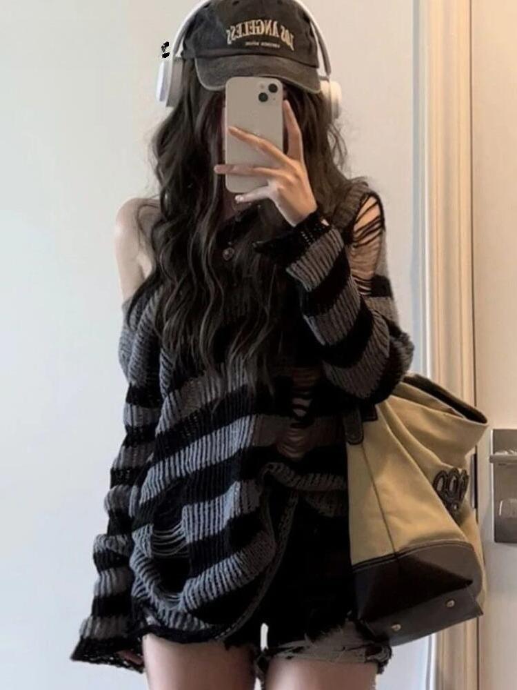 FiveFive Deeptown Gothic Streetwear Striped Knitted Sweater Women Harajuku Punk Hollow Out Jumper Hole Loose All-match Tops Grunge E-girl