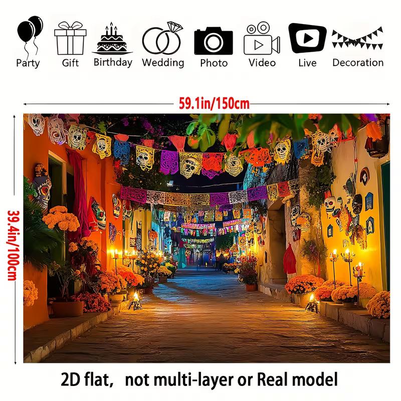 2D Día de los Muertos Fotobox Hintergrund, Mexikanisches Festival mit Ringelblumen und Kerzen