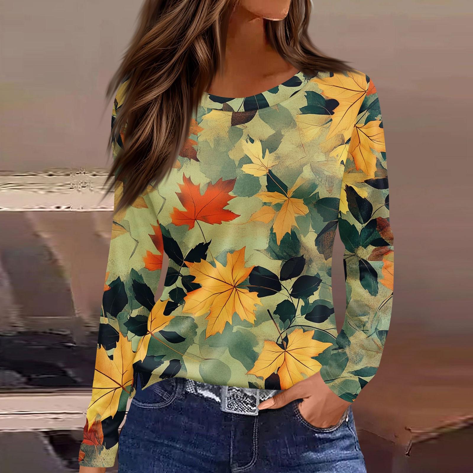 

Женская мода повседневный топ с разрезом по низу и принтом мертвых листьев, круглый вырез, длинный рукав XL жёлтый