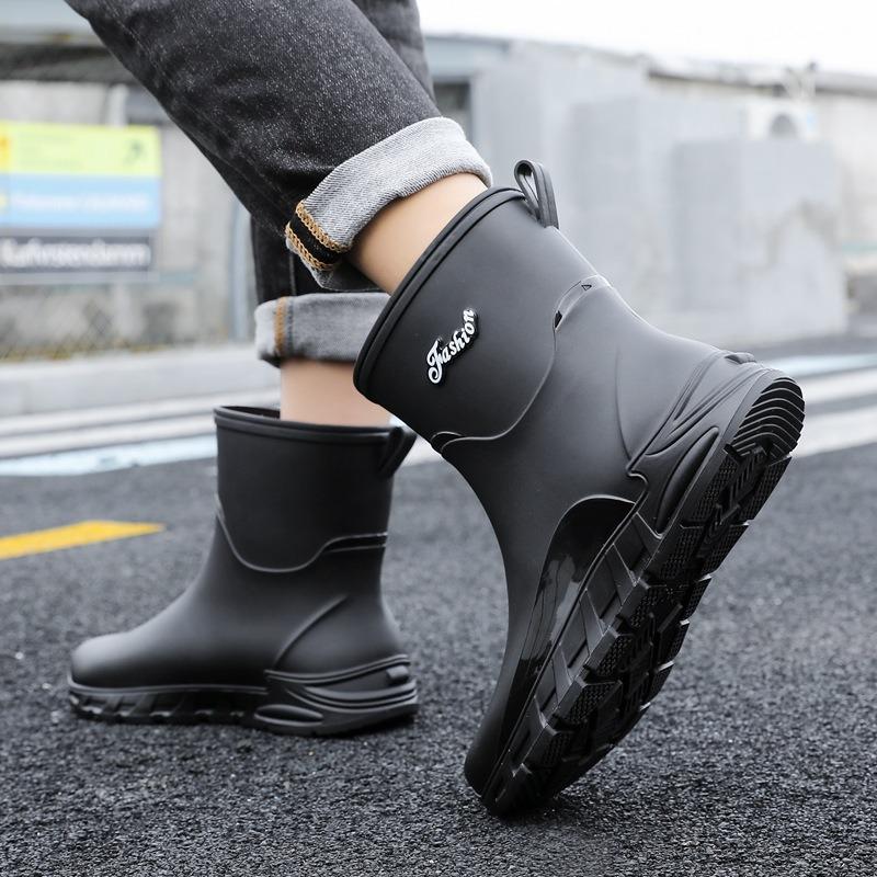 New rain shoes men's non-slip men's medium tube velvet rubber shoes kitchen wear-resistant fishing waterproof rain boots fashion water shoes