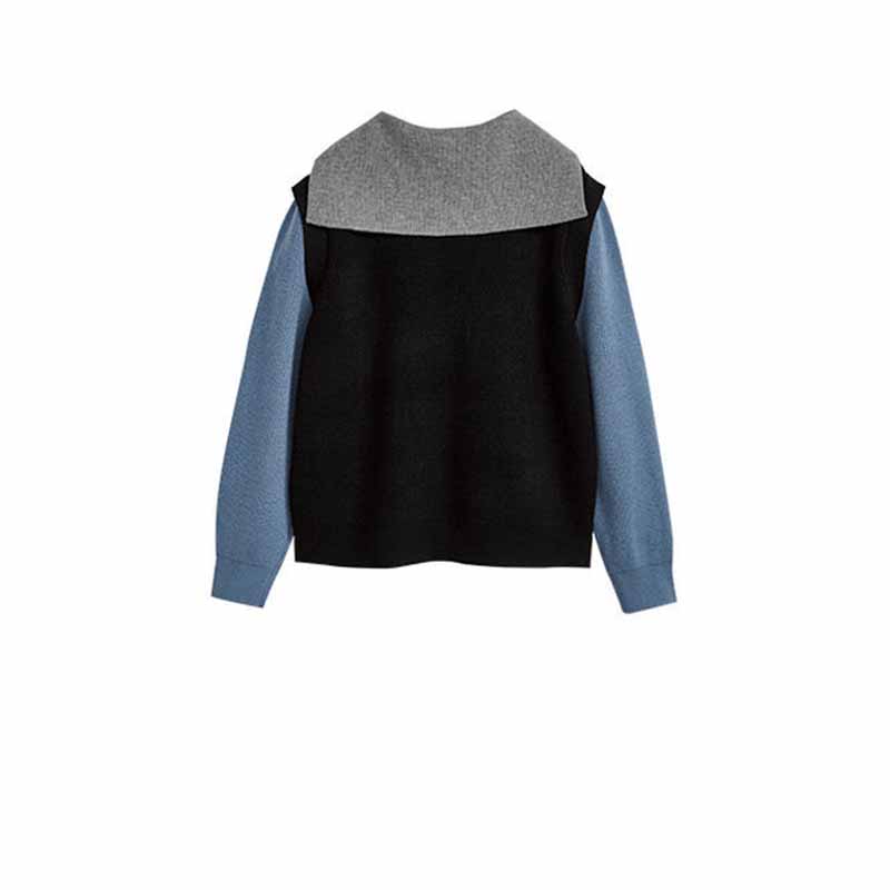 Navy Neck Half Zip Fake Two-piece Color Matching Pullover Women's Autumn and Winter Sweater