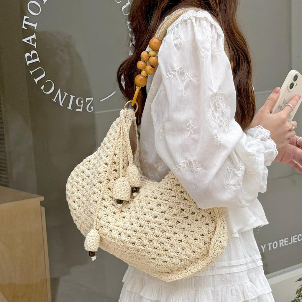 Woven Bag - Women's Beaded Artsy Style Hollow Large Capacity Beach Style Shoulder Bag