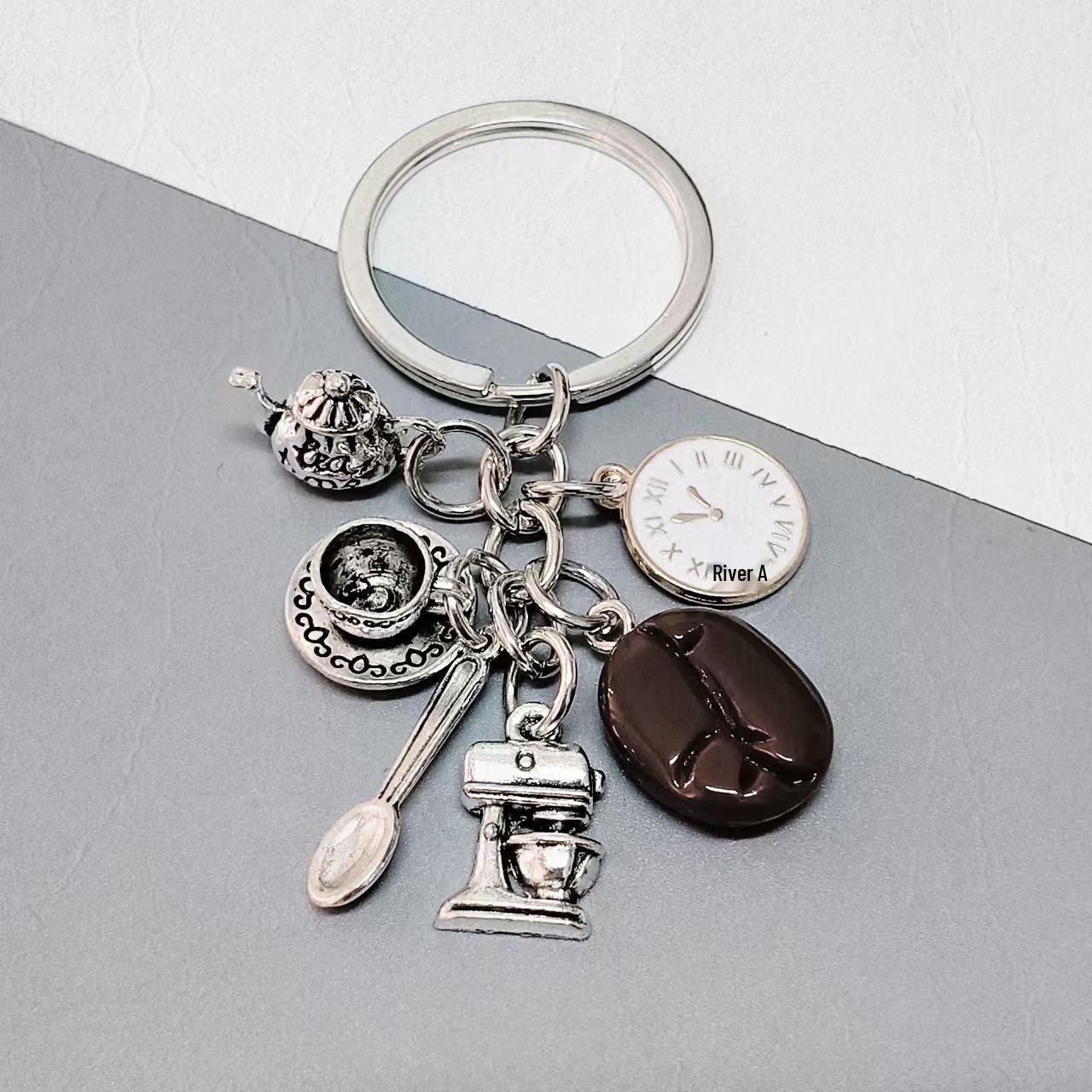 Creative Coffee-Themed Keychain Set: Cup, Beans, Machine, Teapot, Spoon, Dessert