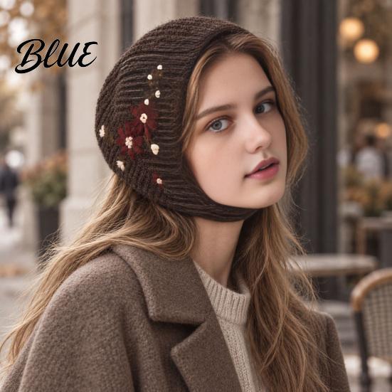 Windproof Warm Headwear Embroidered Knitted Headband Cap Vintage Soft Woolen Ear Versatile Street Photography Hat Warmer Floral Headwrap for