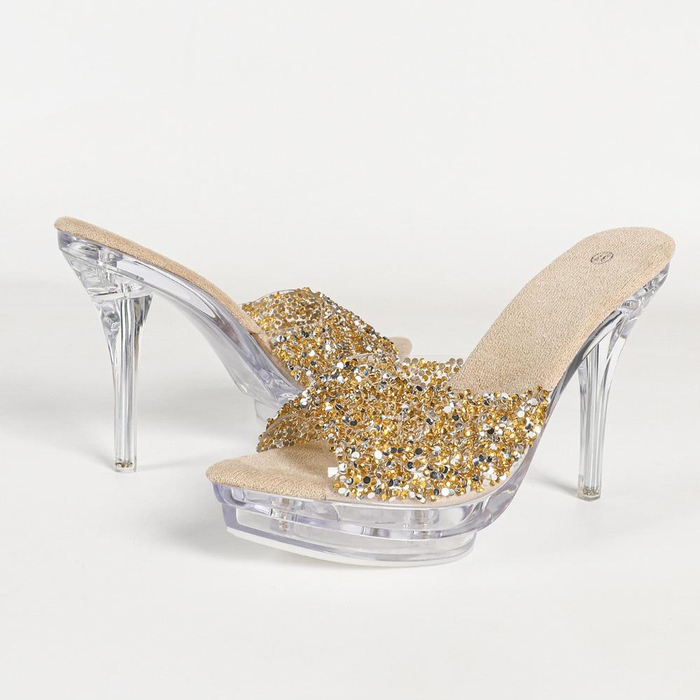 

12.5CM Square Toe Crystal Slippers, Transparent Chunky Heel Slides, Wedding Car Model Nightclub Sexy Shoes LFD-19876-C2 34 бежевый