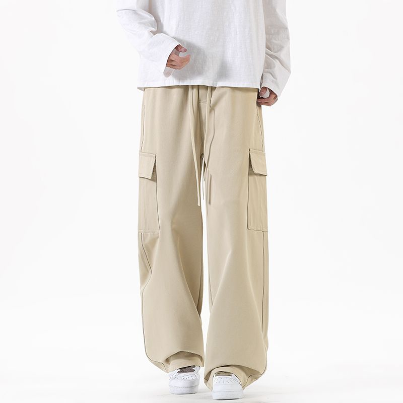 Spring New Big Pocket Tooling Casual Pants Thick Solid Color Simple Trendy Brand Loose Straight Long Pants Men