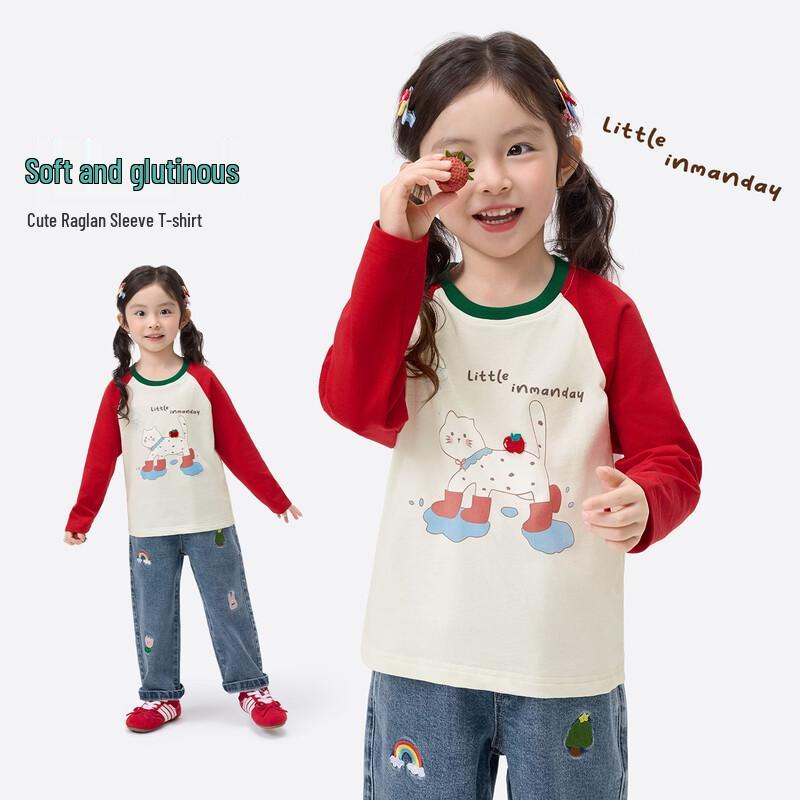 Girls  Pure Cotton Long Sleeve T-Shirt with Cartoon Cat Print 105