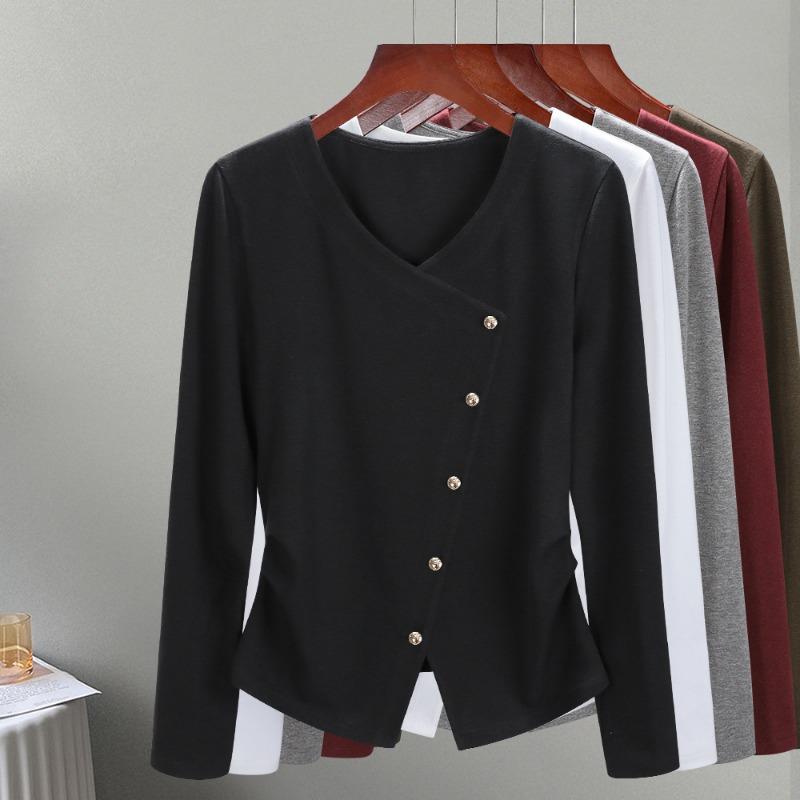 Long-sleeved T-shirt Women's Autumn Clothing New Women's Clothing Temperament Collar Shoulder Solid Color T-shirt Design Sense Split Top