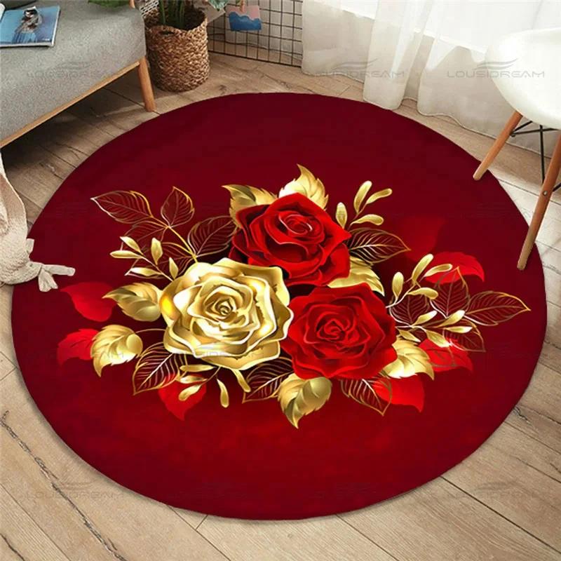 Gold Rose Round Carpet Romantic Flowers Area Rug for Living Room Bedroom Non-Slip Floor Mat Comfy Floral Carpets Indoor Doormat