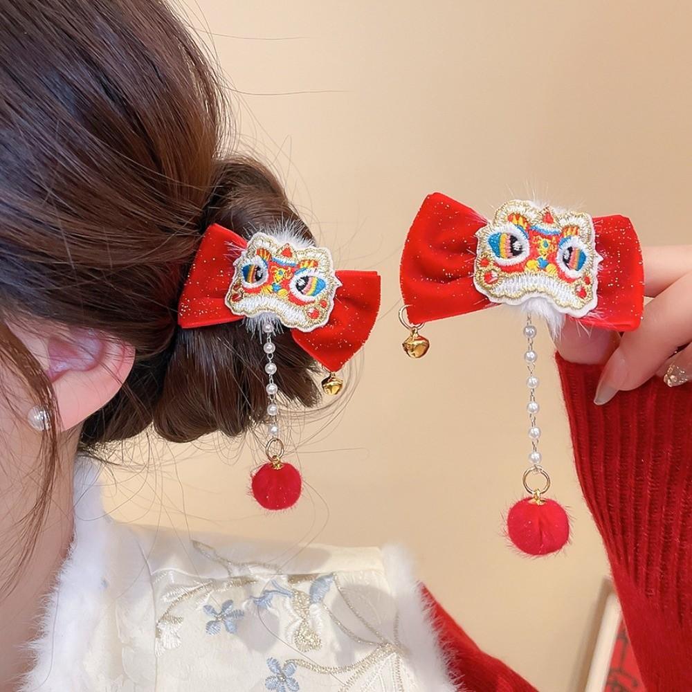 Cloth Chinese Tassel Bow Hairpin Lion Dance Flocking Hair Clip Photographic