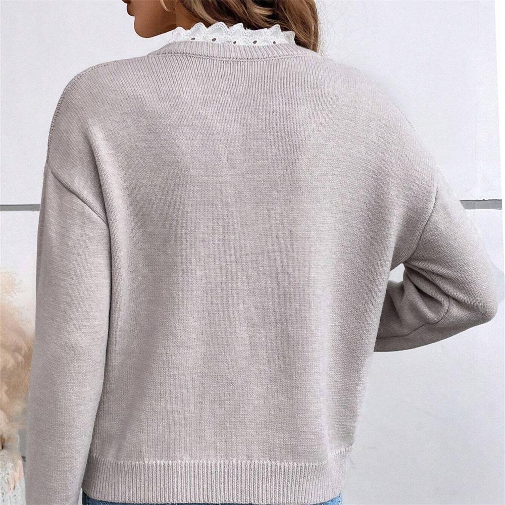 Women's Autumn & Winter Lace Trim V-Neck Sweater, Solid Color Loose Long Sleeve Knit Top S-XL
