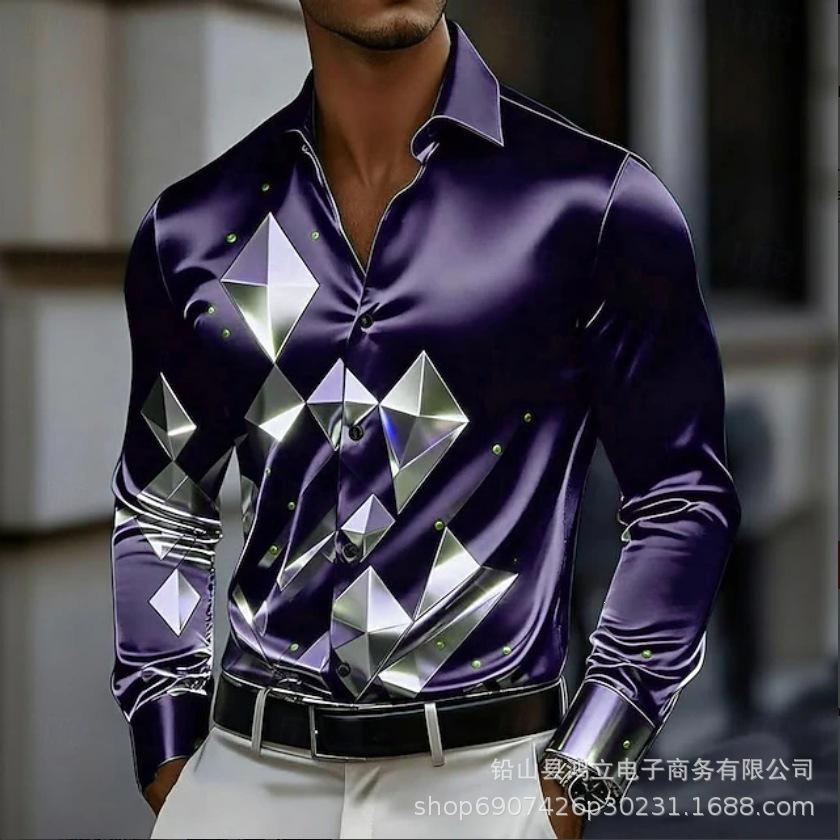 Galaxy Print Long Sleeve Shirt, Stylish Men's Button-Down Shirt for Trendy Casual Wear