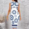 Women Plus Size Crew Neck Sleeveless Midi Dress Vintage Boho Patchwork Floral Print Bodycon Dress