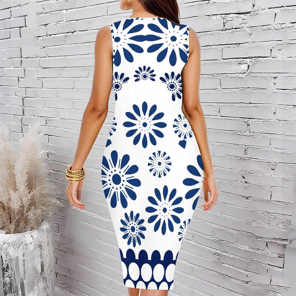 Women Plus Size Crew Neck Sleeveless Midi Dress Vintage Boho Patchwork Floral Print Bodycon Dress