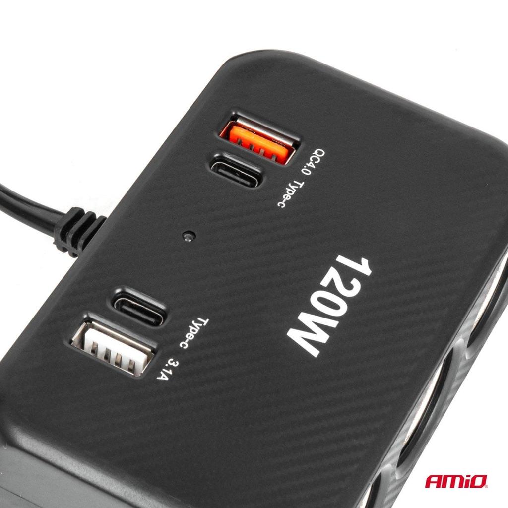 Cigarette lighter socket splitter with charger 2x USB-A 1x USB-C QC4.0 12V 24V 120W 80cm AMIO-04366