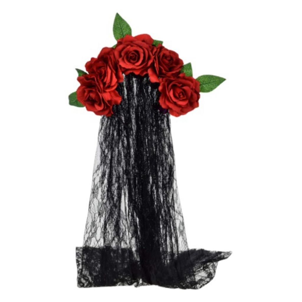 Halloween Headband Wreath Simulated Rose Flower Headband Lace Veil Bridal Party Headband Headband