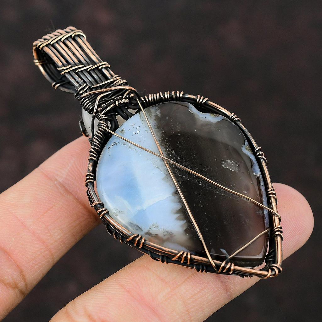 Owyhee Blue Opal Copper Wire Wrapped Pendant Handmade Gemstone Pendant Copper Jewelry For Gift Rainbow Moonstone Pendant Wire Wrap Jewelry