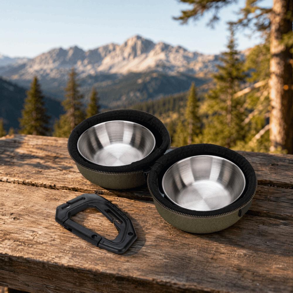 Stainless Steel Portable PET Bowl Set Green and Khaki Travel PET Feeder  PET Feeding