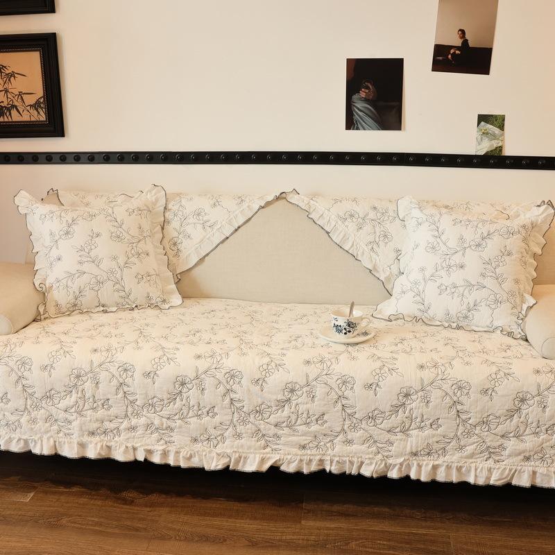 New French Sofa Cushion Cover Embroidered Non-Slip Seat Cushion Universal In All Seasons Cotton Cover Cover Literary And Retro