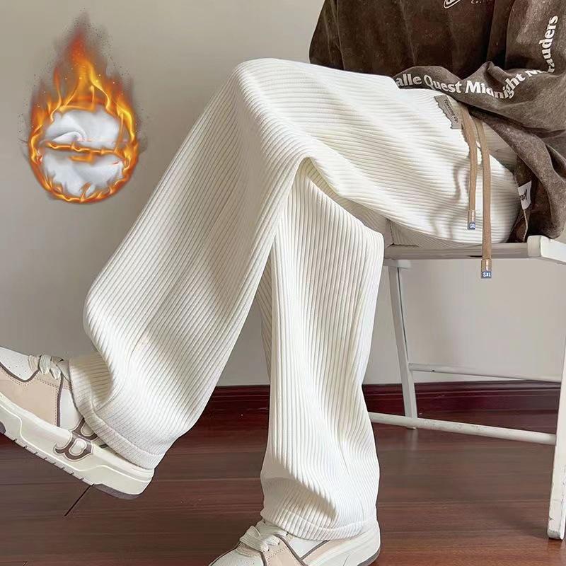Men's Autumn Winter Fleece-Lined Corduroy Pants Oversized Sporty Bell Bottoms Thickened Straight-Leg Pants Casual Style
