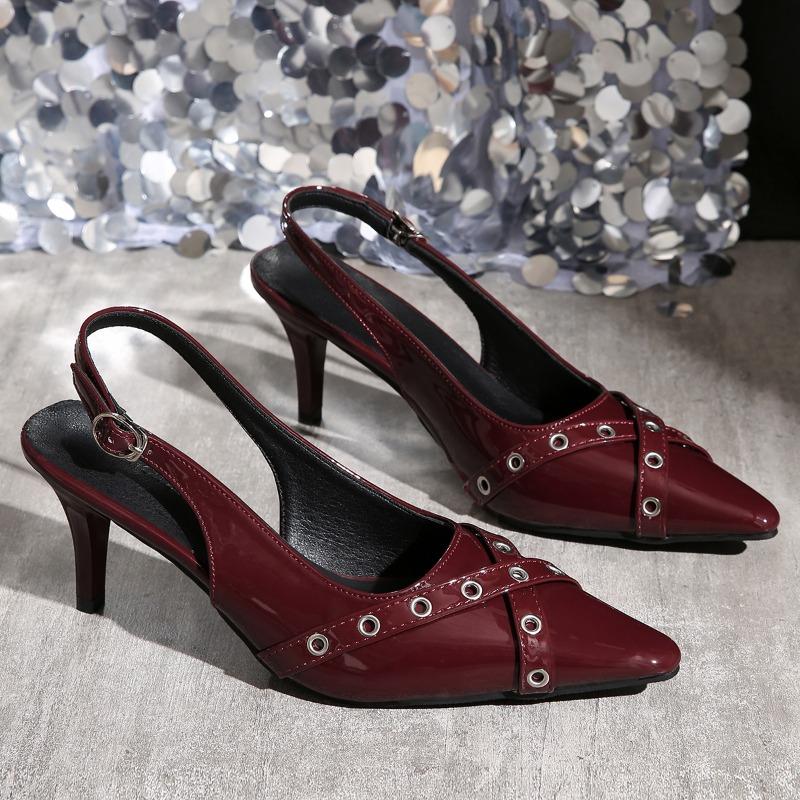 Fashion Spring New Baotou Sandals Women's Pointed Head Shallow Mouth Metal Buckle A Word with Anti-slip Wear-resistant High Heels