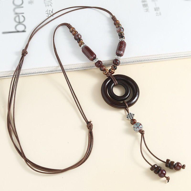 Butterfly Pendant Ceramic Necklace Long Vintage Versatile Wooden Ring Sweater Chain Adjustable Clothes Accessories