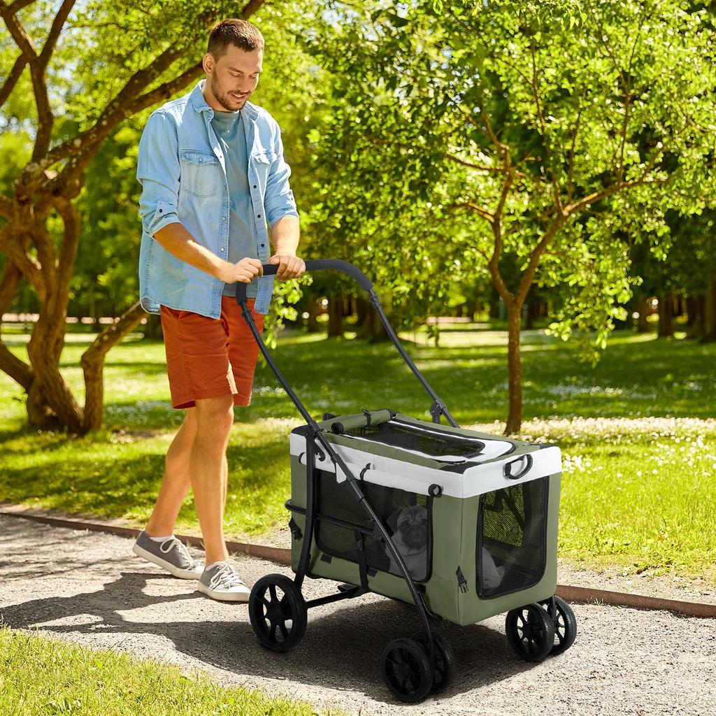 Dog Buggy Pet Buggy Dog Cart, Foldable, Removable Basket, 81 X 58 X 97.5 Cm, Black+Dark Green+White