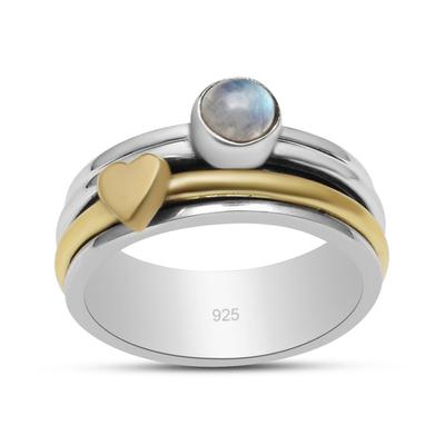 Tęczowy kamień księżycowy 925 srebro próby 925 z mosiężnymi sercami i obrączkami Fidget, pierścień Promise Spinning Band dla kobiet i dziewcząt