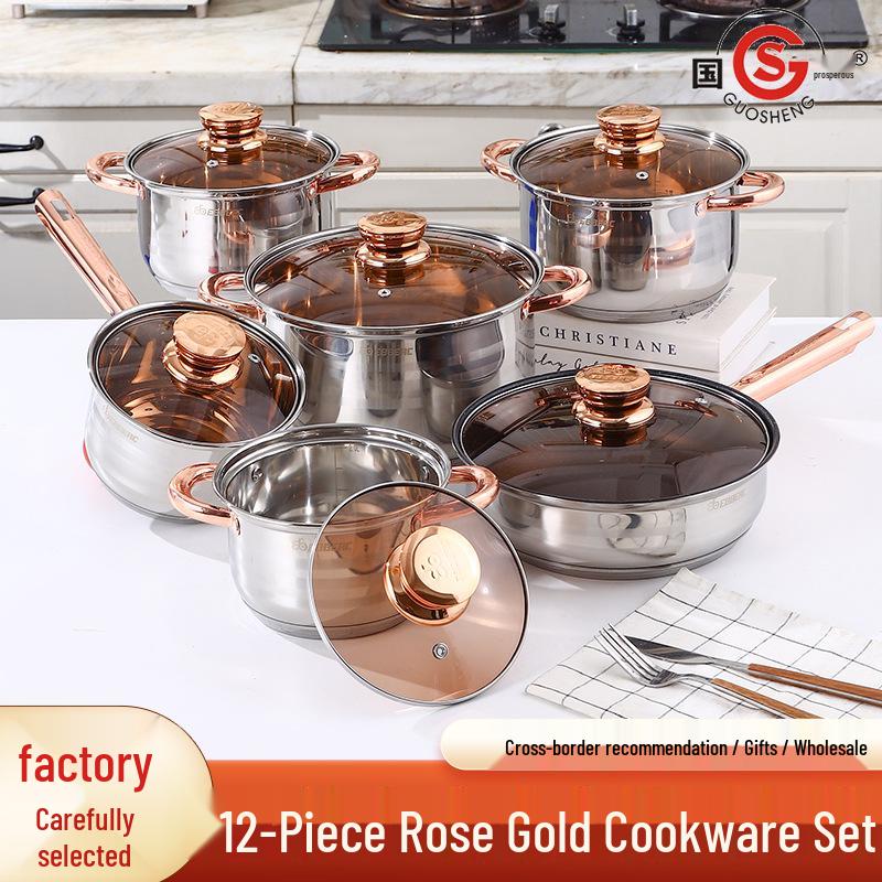 Cross 12-Piece Stainless Steel Cookware Set: Thickened Pots, Double-Bottom Frying Pan, Milk Pot, and Soup Pot