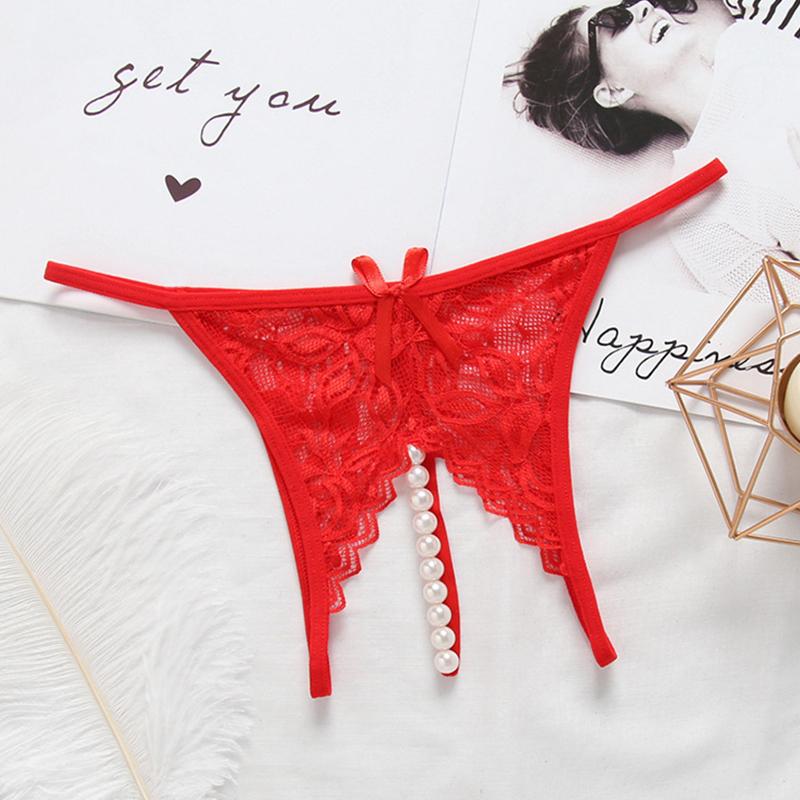 1Pc Pearl Transparent Lingerie Nylon Sexy Women Thongs Underwear Solid Color Lace Panties Open Crotch Briefs