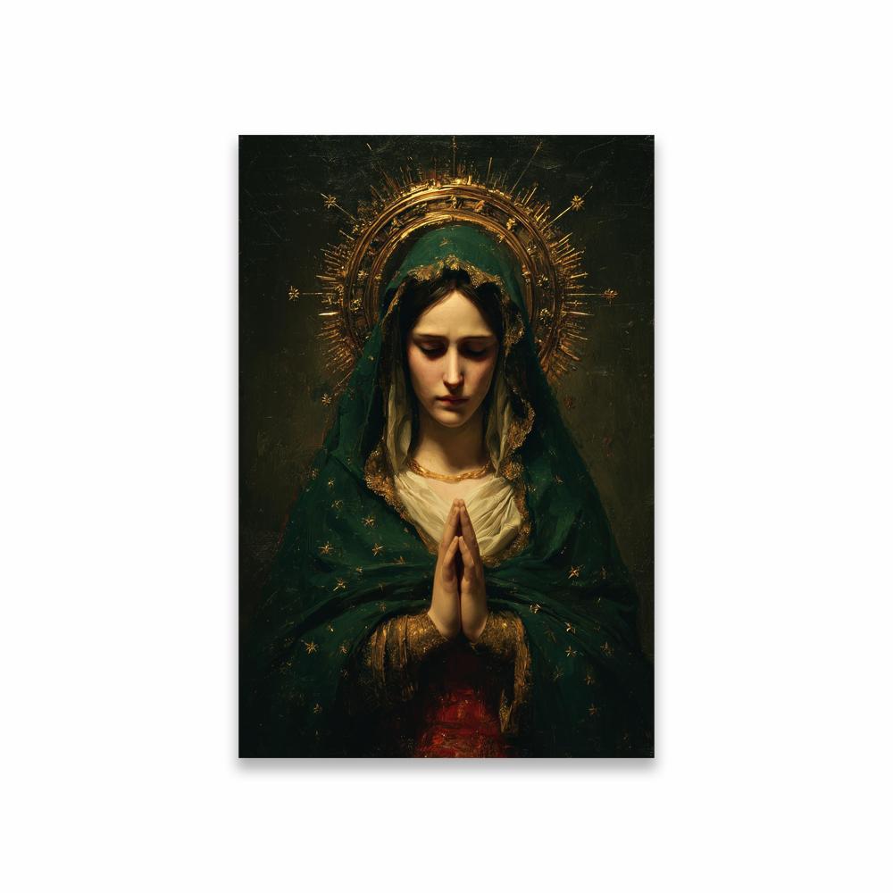 Serene Our Lady of Guadalupe Canvas Painting with Radiant Halo Prints Green Mantle and Pink Roses Canvas Painting Religious Gift 21X30CMNo Framed