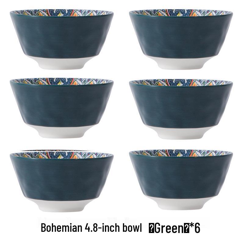 Bohemian Ceramic Rice Bowl Set - High-Temp Resistant, Colorful Underglaze Design