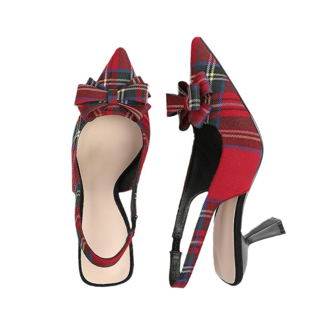 Women's Plaid Slingback Kitten Heels Closed Pointed Toe Bow Tie Slip On Work Pumps Ankle Strap Stiletto Formal Party Wedding Dress Shoes for Women
