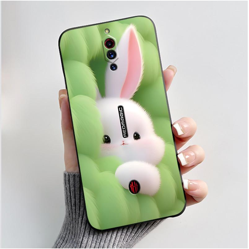 Case For ZTE Nubia Red Magic 5G 5S Cute Heart Rabbit Black Matte Soft Silicone Protective Back Cover RedMagic 5G 5S Phone Case