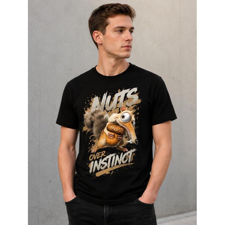 men s black short sleeve t-shirt with funny squirrel graphic nuts over instinct print, crew neck casual cotton tee for everyday wear and relaxed S чёрный