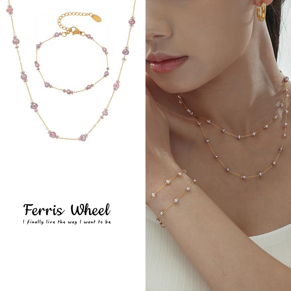 

Empress Dowager Freshwater Pearl Necklace & Choker Bracelet Set for Women - Stainless Steel with Real Gold Plating
