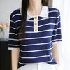 Navava Women Ribbed Striped Collar Short Sleeve Knit Top Nk2941