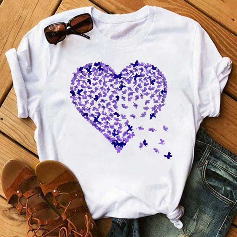 

Summer New Shortsleeved Top with Heart Print Pattern Round Neckt for Women Aesthetic Clothes Women Clothes S